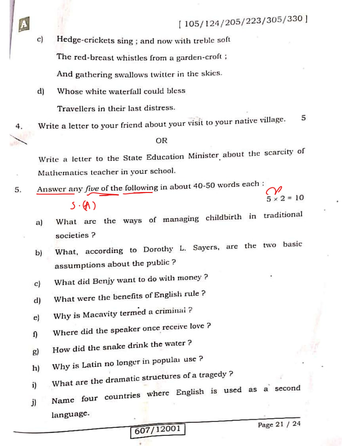 12th English 100 Marks Subjective Question 2024 2