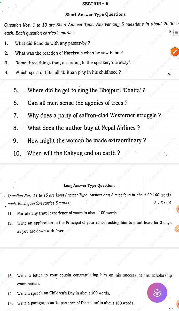 Class 9th English November Monthly Exam Answer key 2023